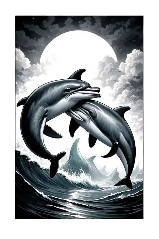 A sailor was sad and depressed, watching the water and having thoughts of suiciding, when suddenly 2 dolphins came and s tattoo design idea