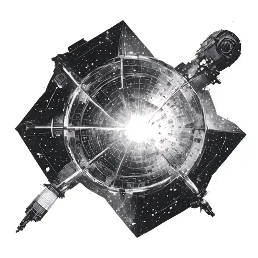 A dotwork illustration of the iconic Tesseract scene from Interstellar film, with a black and grey color scheme to create a mysterious atmosphere tattoo design idea