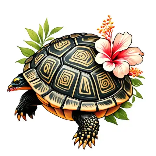Tortoise Maori and Flower Hibiscus Flower tattoo design idea