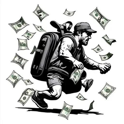 A half-open backpack with arms and legs running, dropping 50 and 100 euro bills along the way. tattoo design idea