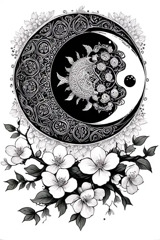 moon and sun mandala with cherry blossoms and ornament tattoo design idea