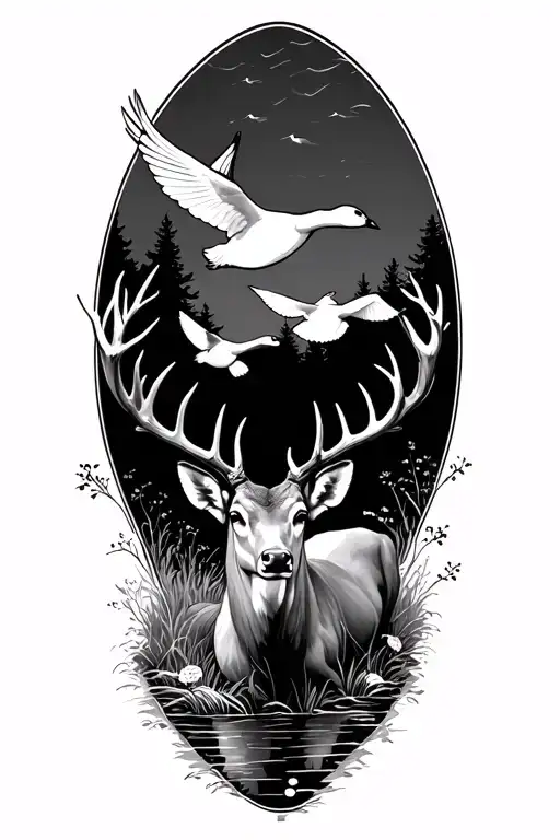 whitetail deer with flying ducks flying in a forest landscape tattoo design idea