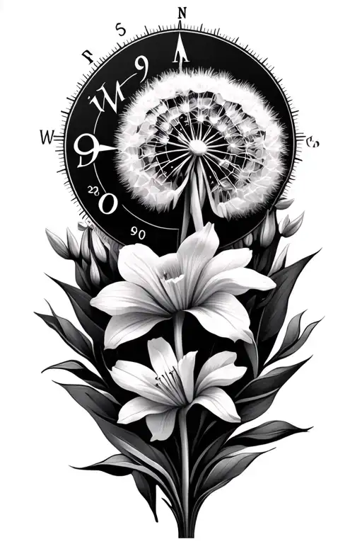 Dandelion, gladiolus, daffodil, compass with numerals tattoo design idea