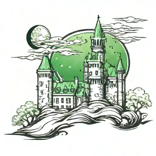 gothic castle, bright green sky with moon in the background tattoo design idea