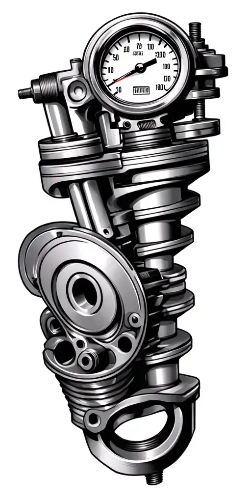 automotive parts tattoo featuring turbo, camshaft, pistons, crankshaft, boost gauge, tattoo design idea