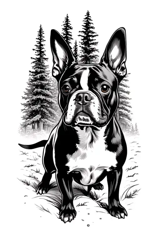 Boston Terrier Wood mountain trail tattoo design idea