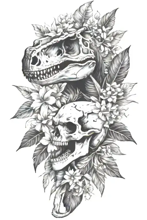 tropical leaves with flowers an T Rex skull tattoo design idea