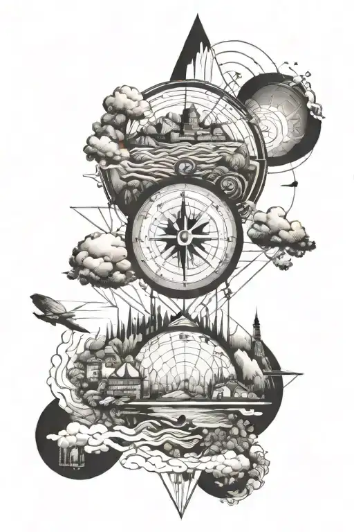 tattoo featuring italian landscape, compass, globe tattoo design idea