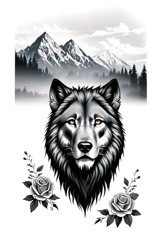 Lion and wolf face, mountains filled with trees, roses, tattoo design idea
