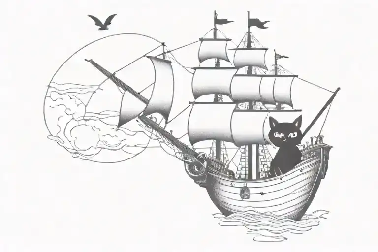black cat on a pirate ship tattoo design idea