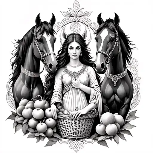 Celtic Goddess, Epona. surrounded by Horses and with a basket of fruit tattoo design idea