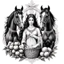 Celtic Goddess, Epona. surrounded by Horses and with a basket of fruit tattoo design idea