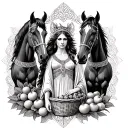 Celtic Goddess, Epona. surrounded by Horses and with a basket of fruit tattoo design idea