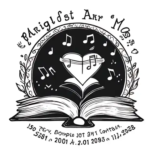 child's first name with a book and music and date of birth tattoo design idea