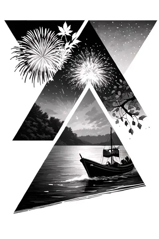 3 triangles with fireworks in one, a boat riding into a lake, and leaves falling on a tree in the other tattoo design idea