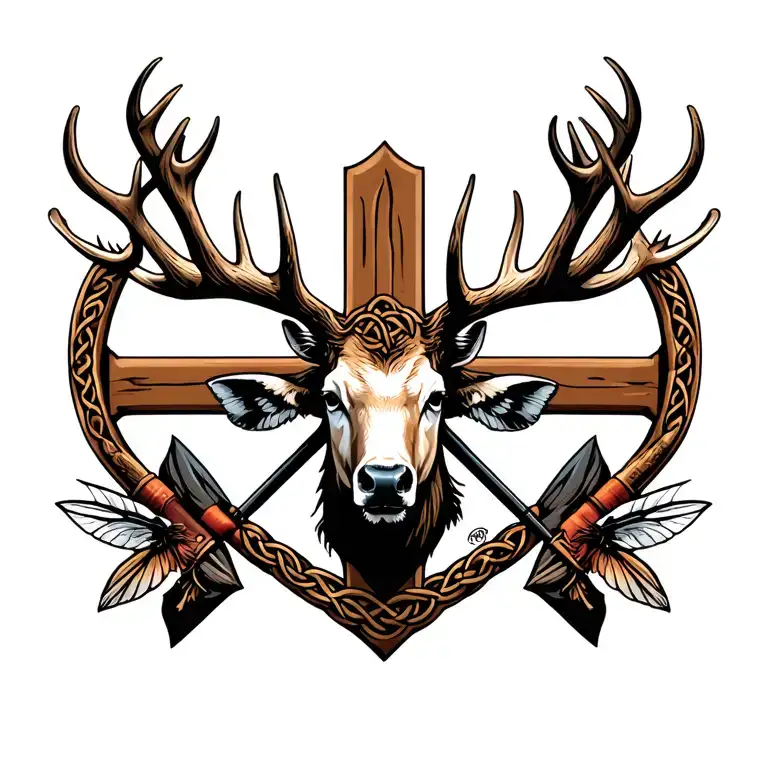 Celtic cross with elk head and crossed arrow and fly rod tattoo design idea