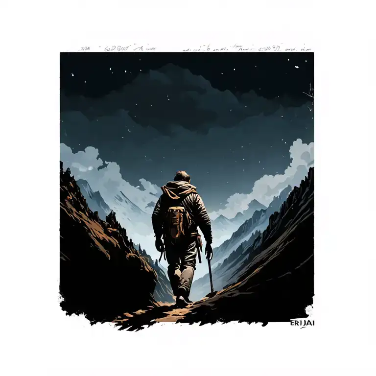 raid, mountain, dog a man walking towards tattoo design idea