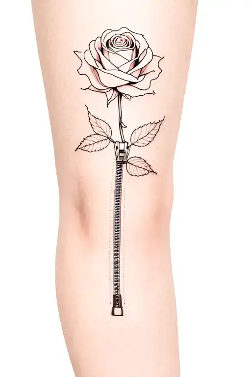 Not a heavy tattoo, a zipper on the leg can be used with a minimalism rose in tattoo design idea