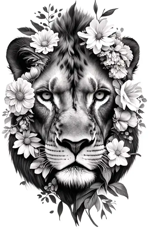Black and white, half of a lion face covered/surrounded with different types of flowers tattoo design idea