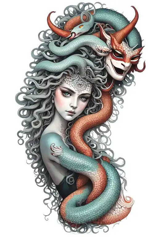 medusa goddess with oni mask, hair snakes tattoo design idea
