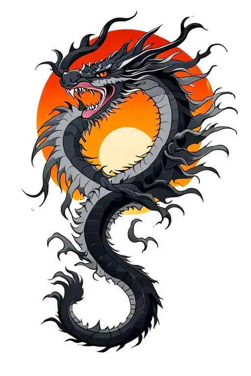 black and gray Dragon with sunset sky tattoo design idea
