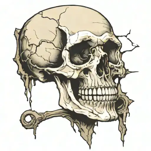 cracked skull, death, mad, emperor tarot style, broken coffin tattoo design idea