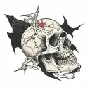 cracked skull, death, mad, emperor tarot style, broken coffin tattoo design idea