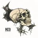 cracked skull, death, mad, emperor tarot style, broken coffin tattoo design idea