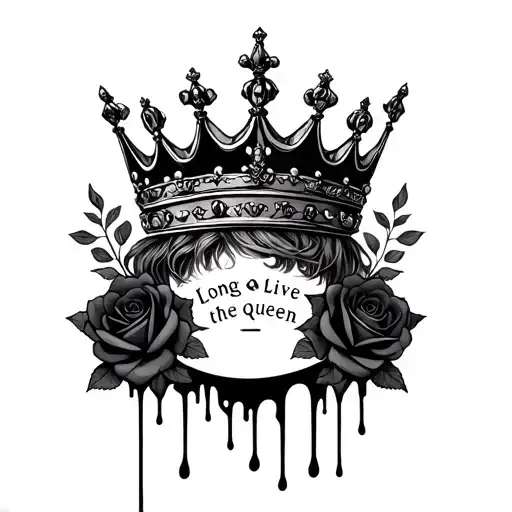 "Long live the queen" "Long live the queen" Black melting queen crown  with blac roses around the crown tattoo design idea