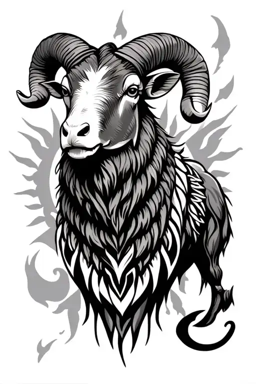 relistic ram with viking tribal in background tattoo design idea