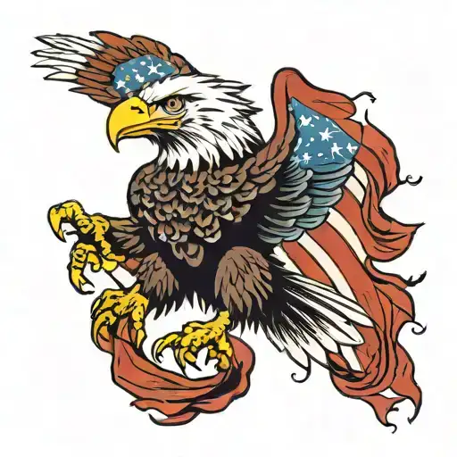 flying bald eagle with wings spread holding a tattered American flag in its claws tattoo design idea