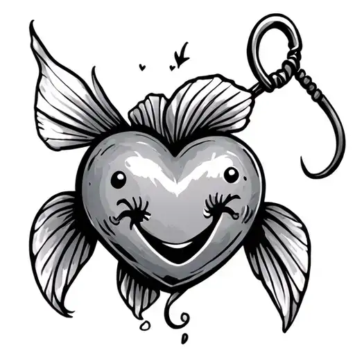 a fish hook that has caught a heart. the heart is anthopomorphic, cartoonish and happy to be caught tattoo design idea