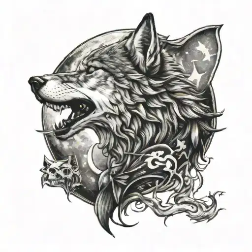 sigma wolf howling at the moon while the joker is riding it tattoo design idea