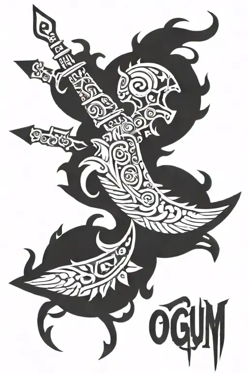 An abstract crest tattoo on the back of the thigh, representing Ogum, Ossaim, Exu, and Xangô. Include stylized symbols: sword and gears, sacred leaves, trident with flames, and double axe. Minimalist and tribal design, with black lines and subtle details, harmonizing the elements within the crest tattoo design idea