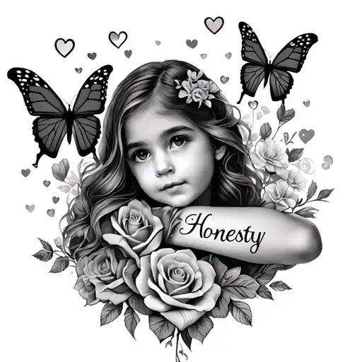 "Honesty" arm sleeve tattoo of My daughter named "Honesty" with butterflies hearts and roses  tattoo design idea