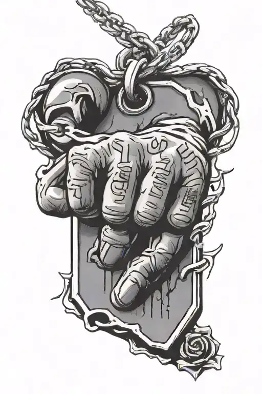 dog tag wrapped around a bleeding fist reading "Linda Joy Polk" "An Honorable Woman " tattoo design idea