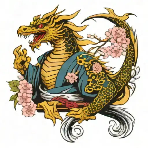 phoenix dragon samurai warrior with cherry blossoms tattoo design idea