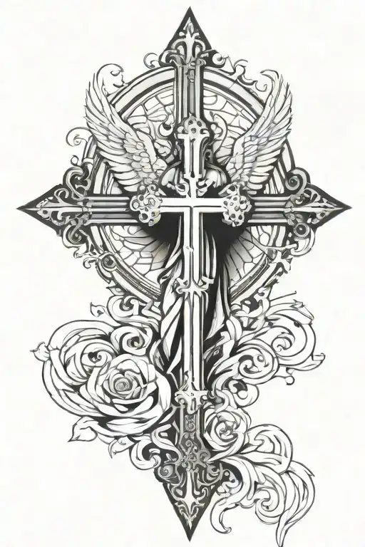 christian cross with majestic angel tattoo design idea