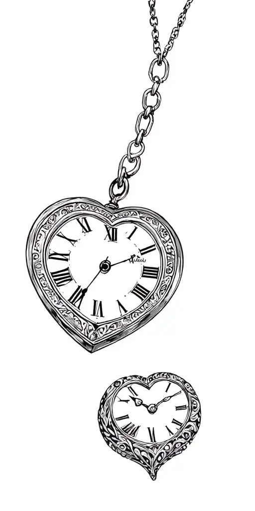 heart shaped locket and clock with roman numerals reading 12:10 tattoo design idea