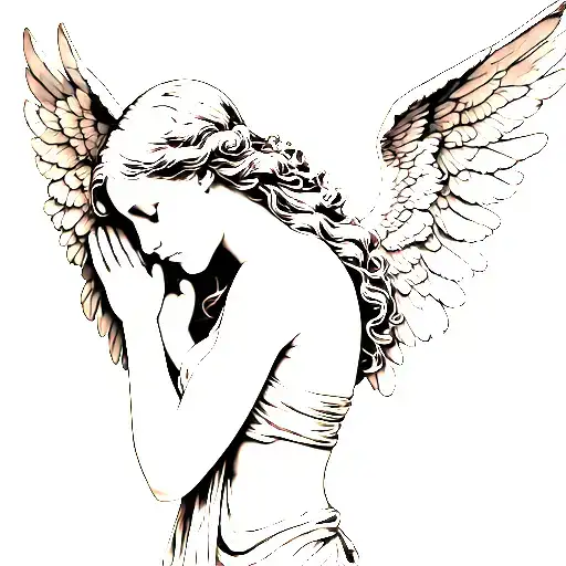 woman angel facing sideways with head down praying tattoo design idea