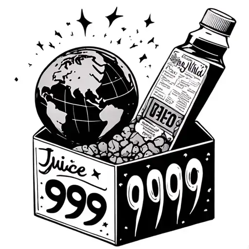 juice box with globe inside, 999 under the box and juice the kid under the 999 tattoo design idea