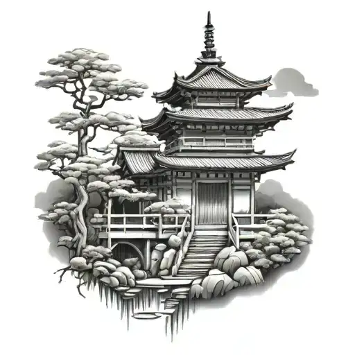 japanese temple with garden tattoo design idea