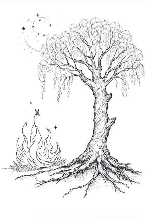 starlight, willow tree, firelight, love tattoo design idea
