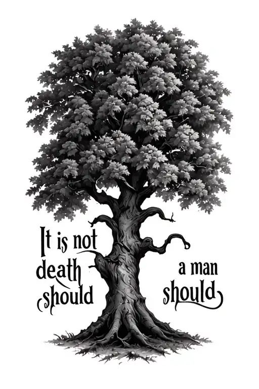 "It is not death a man should " "It is not death a man should " black walnut tree growing over the quote written tattoo design idea