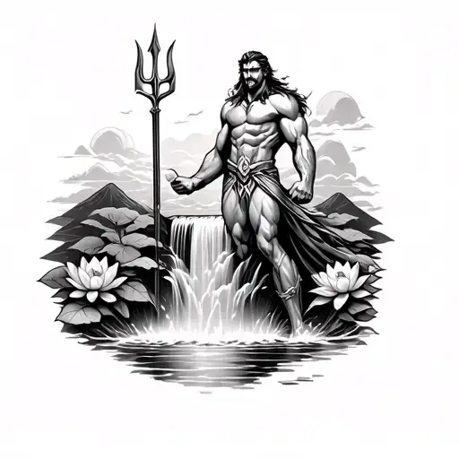  Aquaman holding a trident at the top of a waterfall with hills of lotus flowers around the body of water at the end of  tattoo design idea