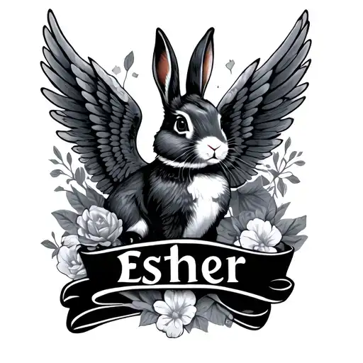 esther name with angle wings with a bunny  tattoo design idea