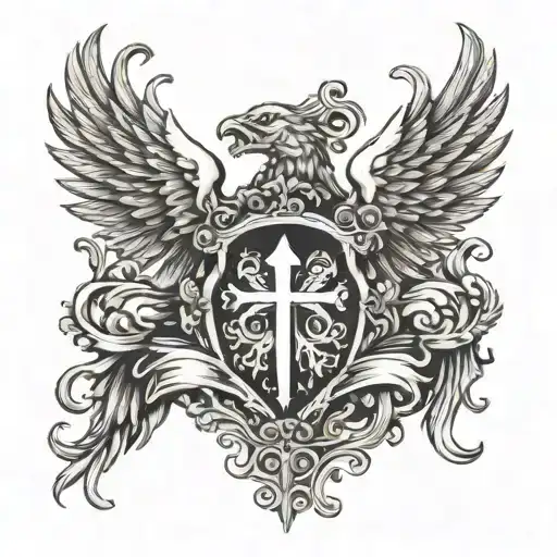 Coat of arms wings of dove wrapped round tattoo design idea