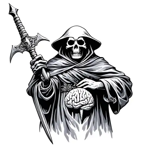 Grim reaper holding a scyte backwards, with a brain pierced on the scyte tattoo design idea