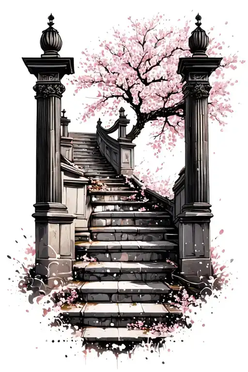 Heaven gates open with stairs using white ink splatter cherry blossom tattoo design idea