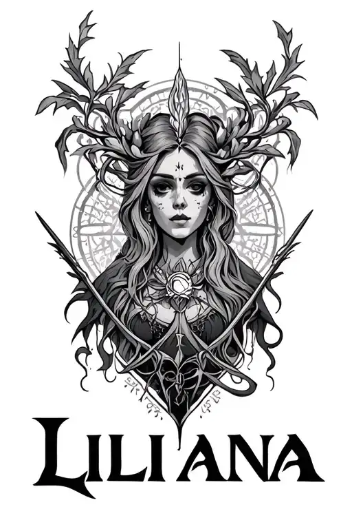 A tattoo design. Include the word Liliana with imagery associated with a master necromancer and a healer tattoo design idea